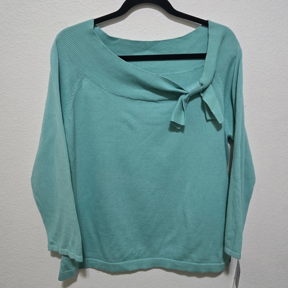 Sag Harbor Teal Aqua Knit Top Asymmetric Neckline with Bow Detail Size Large - Picture 5 of 11